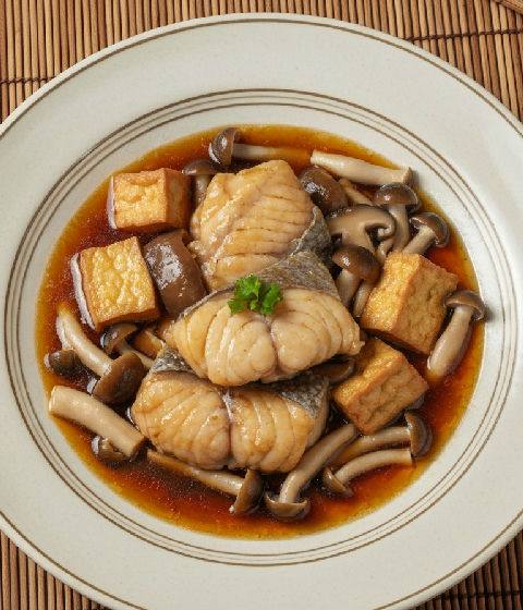 Braised Cod Fillet with Tofu and Assorted Mushrooms