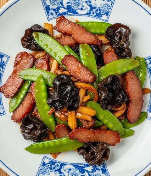 Stir-fried Vegetarian Char Siu with Snow Peas and Wood Ear Mushrooms