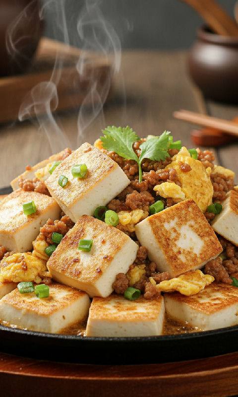 Pan-fried Egg Tofu with Minced Pork and Preserved Radish