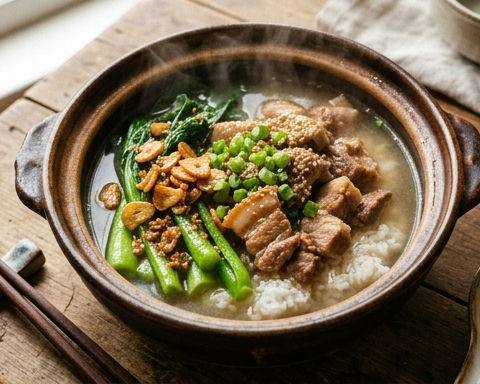 Clear Broth Busan Pork Bone Rice with Fried Garlic Spring Greens