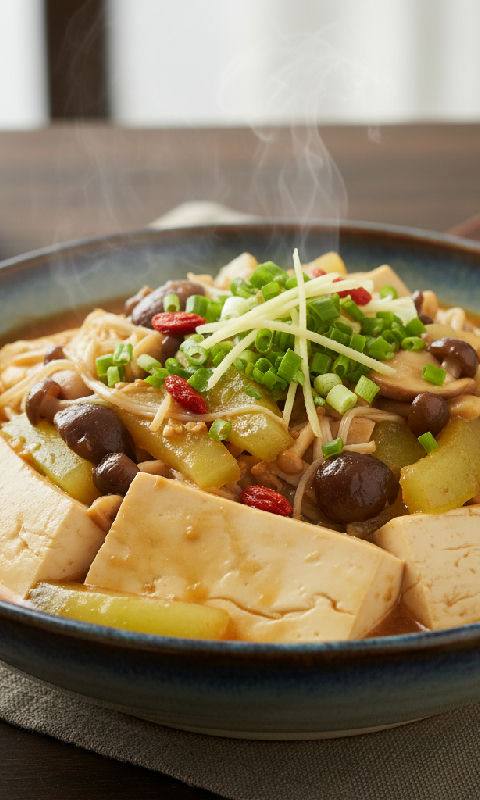 Braised Silken Tofu and Assorted Mushrooms with Winter Melon and Goji Berries