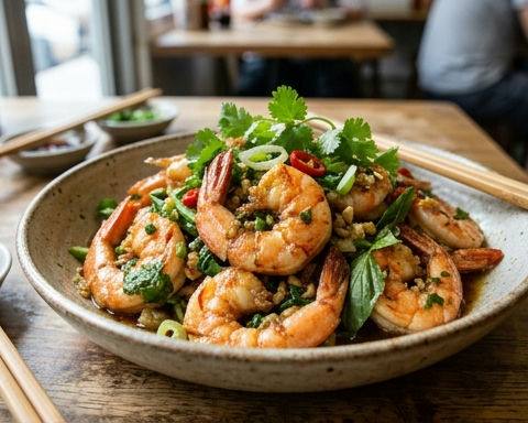 Sesame Oil Stir-Fried Local Prawns with Fresh Herbs