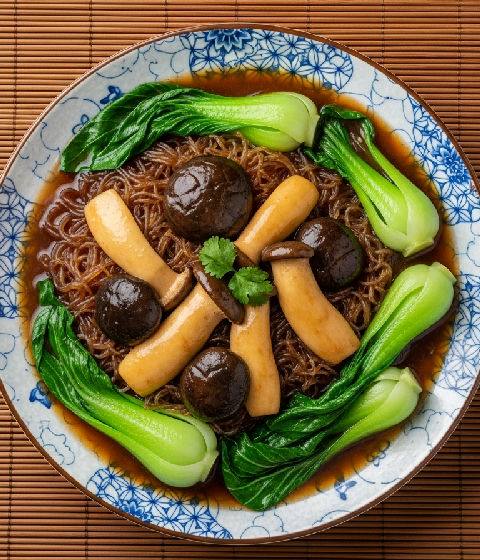 Braised King Oyster Mushrooms and Bok Choy with Glass Noodles in Fermented Red Bean Curd Sauce