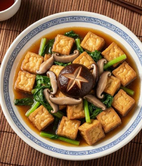Braised Five-Spice Tofu with Shiitake Mushrooms and Seasonal Greens