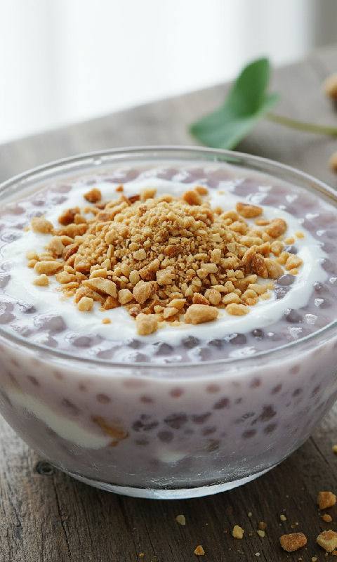Taro and Coconut Milk Pudding with Crystal Pearls and Crushed Peanuts