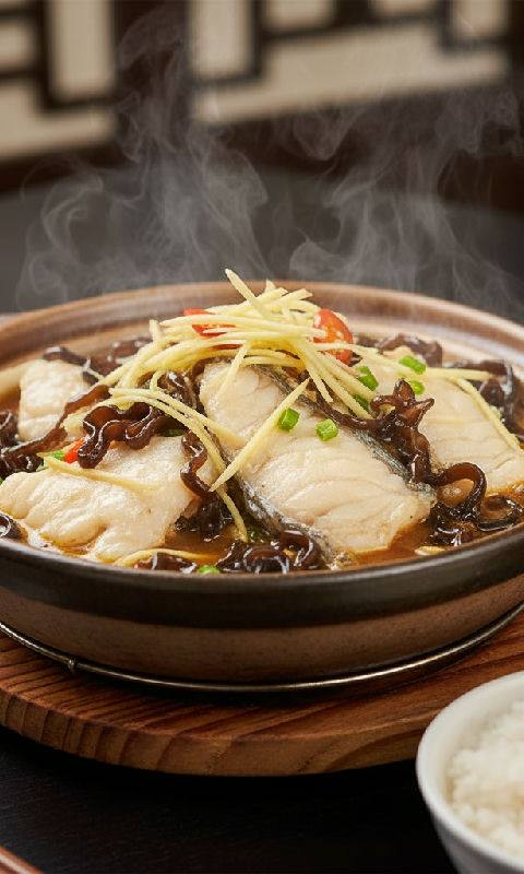 Braised Rock Cod Fillet with Wood Ear Mushrooms and Ginger