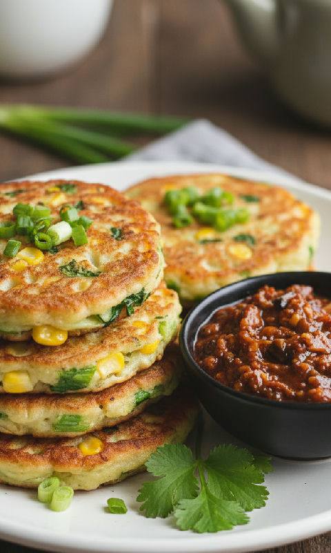 Spring Vegetable and Corn Pancakes with Vegetarian XO Sauce