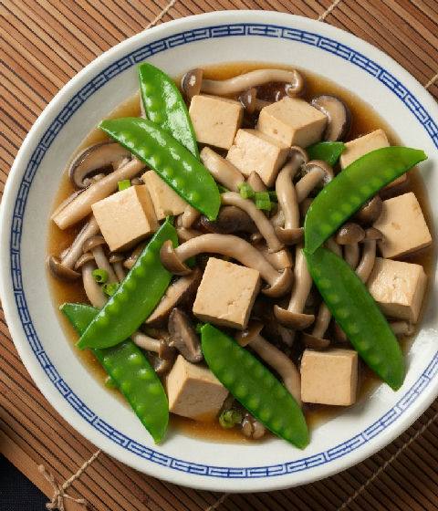 Braised Silken Tofu with Mixed Mushrooms and Snow Peas in Vegetarian Oyster Sauce