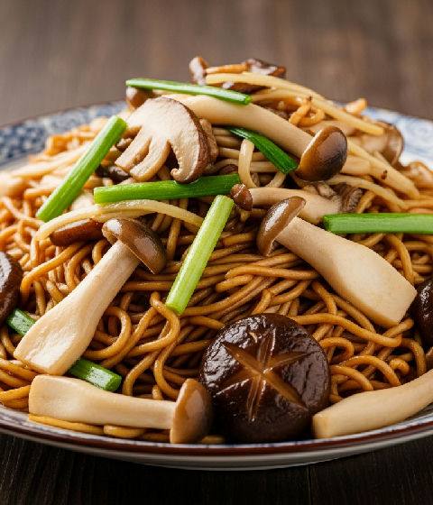 Stir-fried E-fu Noodles with Mixed Mushrooms