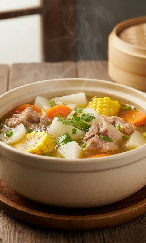 Green Radish, Carrot, Corn, and Pork Bone Soup