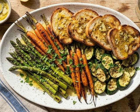 Mediterranean Roasted Spring Vegetables with Lemon Toast and Anchovy Butter