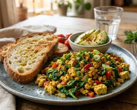 High-Protein Scrambled Tofu with Spinach and Sourdough