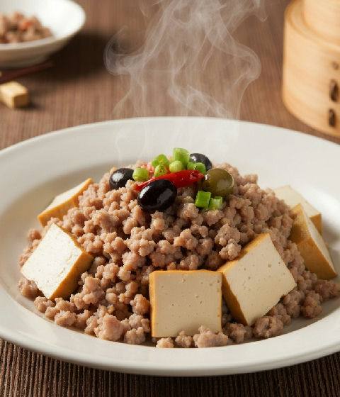 Steamed Minced Pork with Preserved Olive Vegetables and Tofu