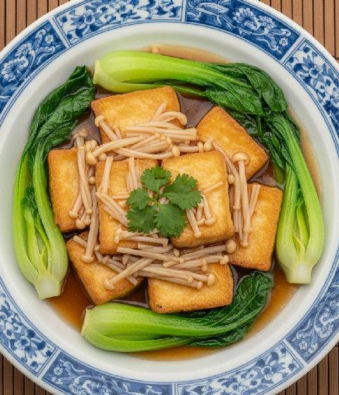 Braised Firm Tofu with Enoki Mushrooms and Yu Choy in Vegetarian Oyster Sauce