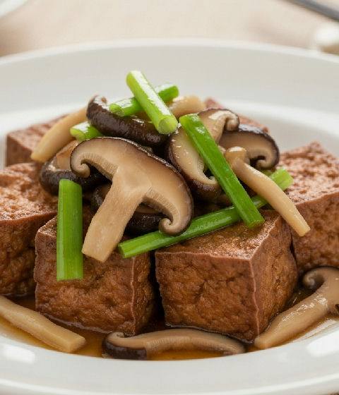 Braised Tofu with Shiitake Mushrooms and Bamboo Pith