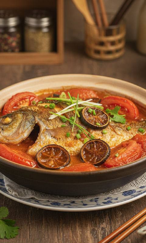 Braised Pomfret with Tomatoes and Preserved Plums