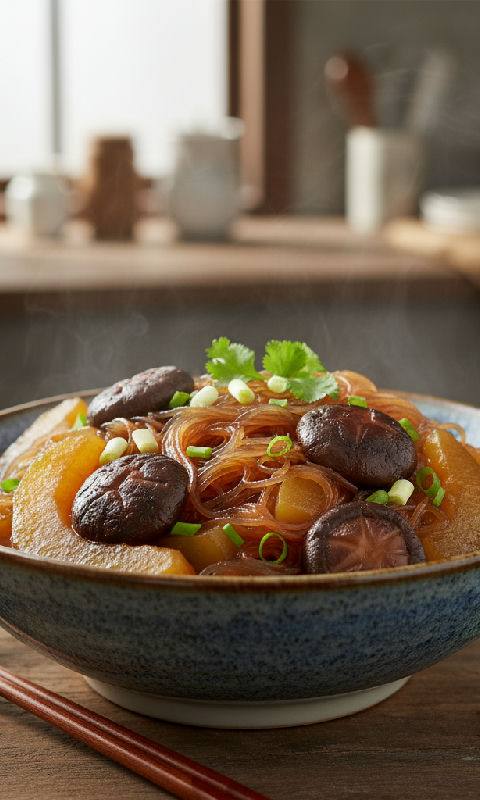 Braised Winter Melon with Dried Shiitake Mushrooms and Glass Noodles