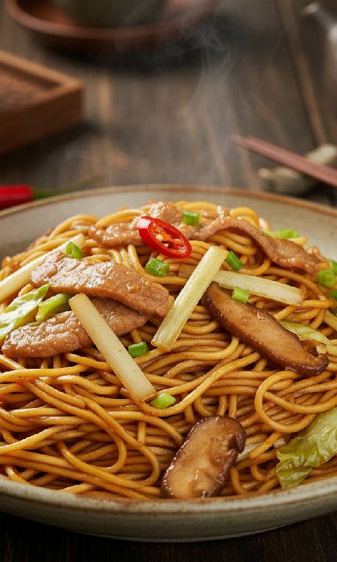 Stir-fried Egg Noodles with Shredded Pork and Yellow Chives