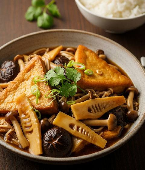 Braised Tofu with Assorted Mushrooms and Bamboo Shoots in Vegetarian Oyster Sauce