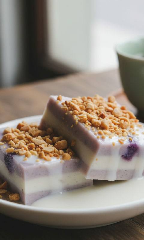 Taro and Coconut Milk Pudding with Crushed Peanuts
