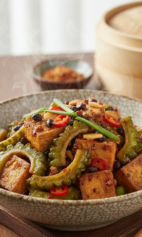 Braised Bitter Melon and Tofu Puffs with Fermented Black Beans