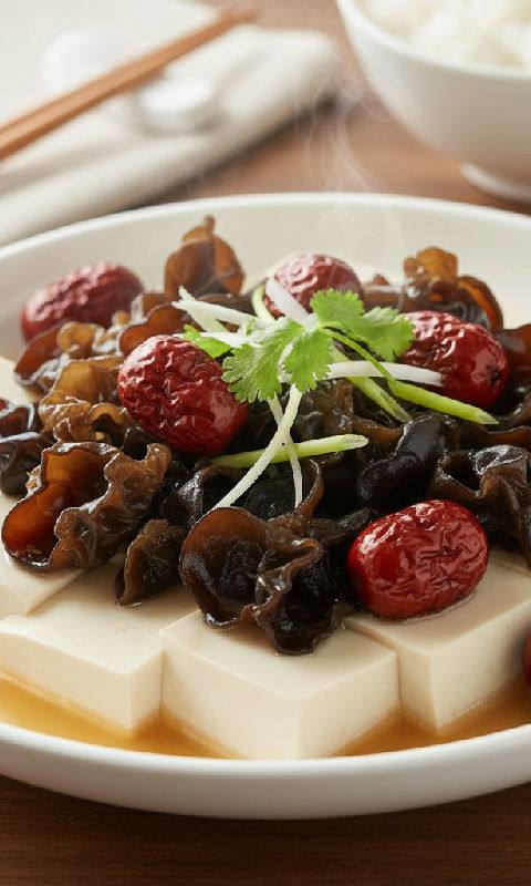 Steamed Tofu with Black Fungus and Red Dates