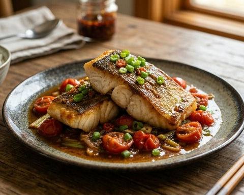 Pan-fried Cod with Tomato, Soy and Scallion Oil