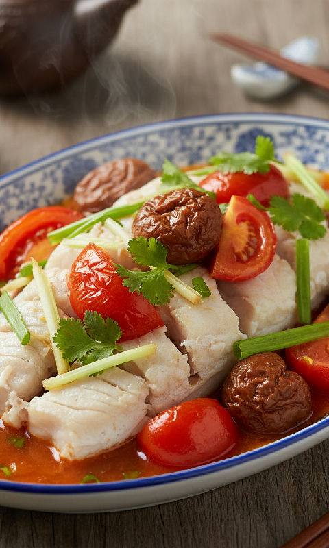 Steamed Fish Belly with Salted Plums and Tomato