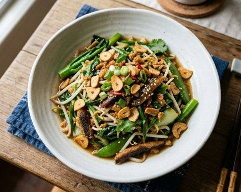 Stir-fried Spring Vegetables with Bean Sprouts, Crispy Garlic and Salted Fish