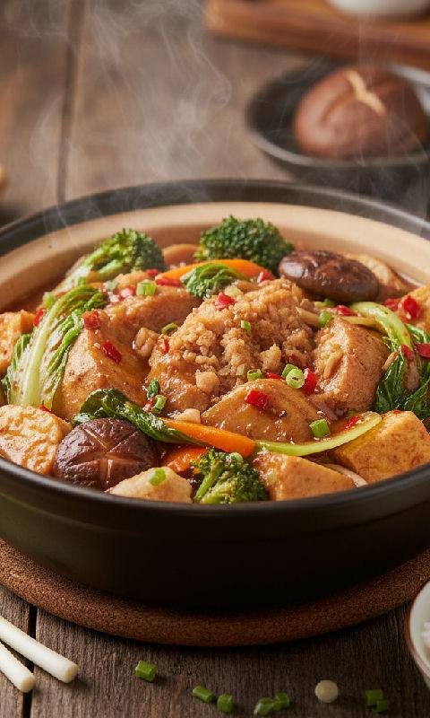 Braised Fermented Red Bean Curd with Taro and Mixed Vegetables