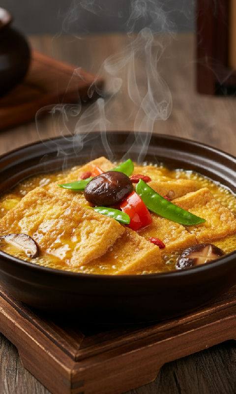 Braised Egg Tofu with Minced Mushroom and Peas