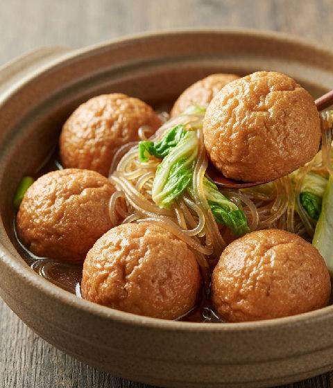 Braised Tofu Puffs with Glass Noodles and Napa Cabbage