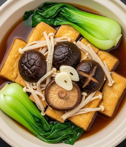Braised Egg Tofu with Assorted Mushrooms and Seasonal Greens