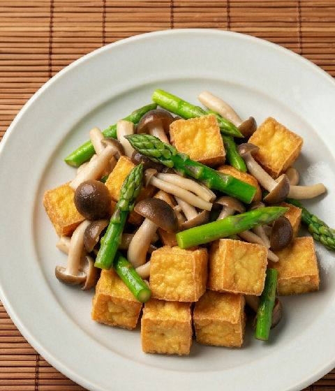 Stir-fried Mixed Mushrooms and Asparagus with Crispy Fried Tofu