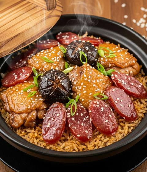 Claypot Chicken with Chinese Mushrooms and Chinese Sausage Rice
