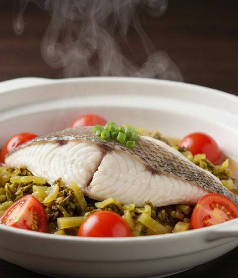 Steamed Fish Fillet with Pickled Mustard Greens and Tomatoes