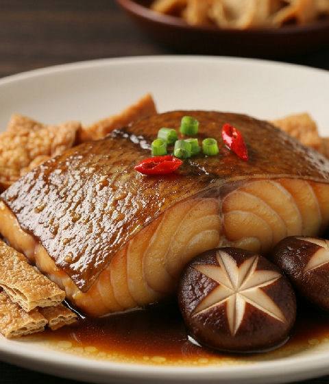 Braised Rock Cod Fillet with Dried Tofu Skin and Shiitake Mushrooms