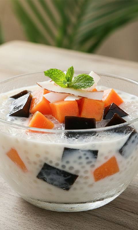 Papaya Sago with Coconut Milk and Grass Jelly