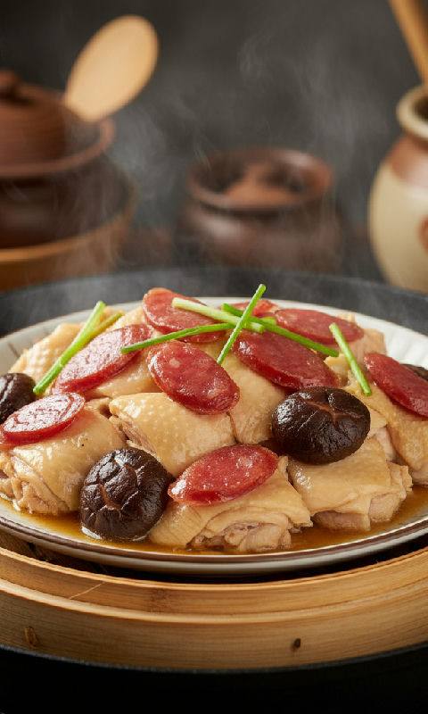 Steamed Chicken Thigh with Chinese Sausage and Mushrooms