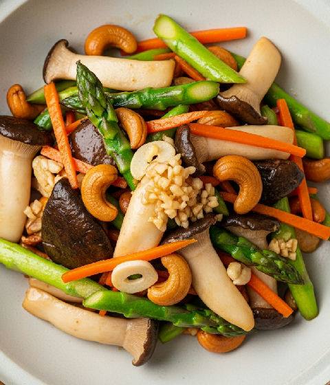 Stir-fried King Oyster Mushrooms with Asparagus and Cashew Nuts
