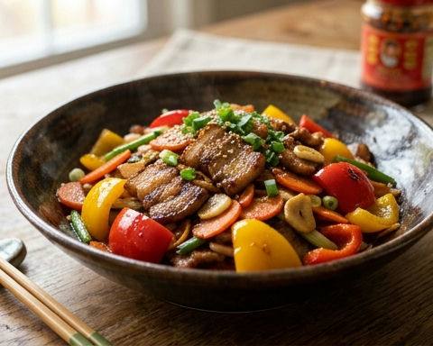 Stir-fried Pork Belly with Colourful Peppers and Carrots
