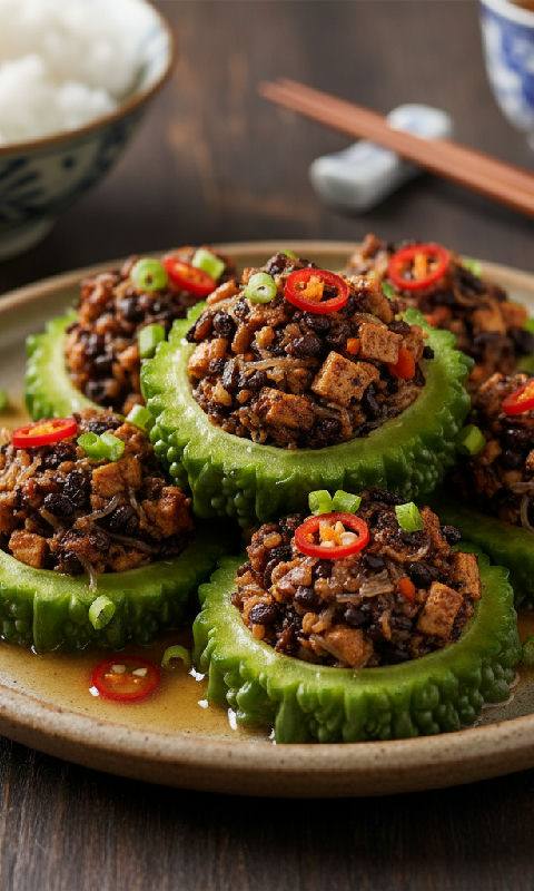 Steamed Stuffed Bitter Melon with Vegetarian Mince in Black Bean Sauce