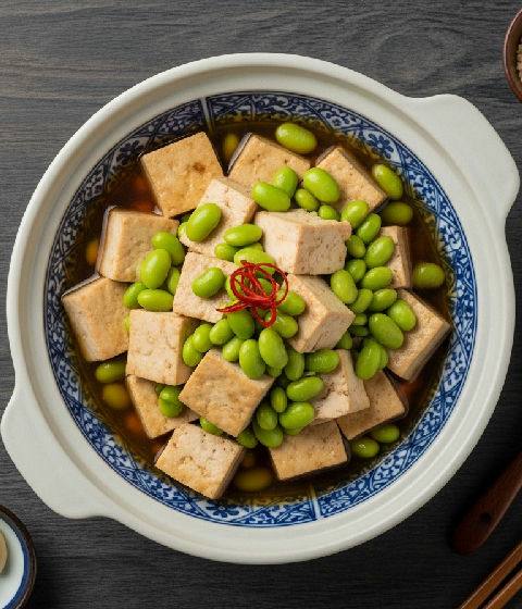 Braised Silken Tofu with Edamame and Preserved Turnip