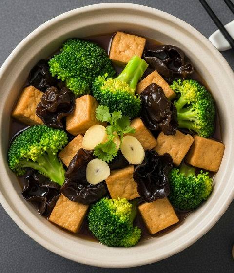 Braised Firm Tofu with Broccoli and Black Fungus in Ginger Soy Sauce