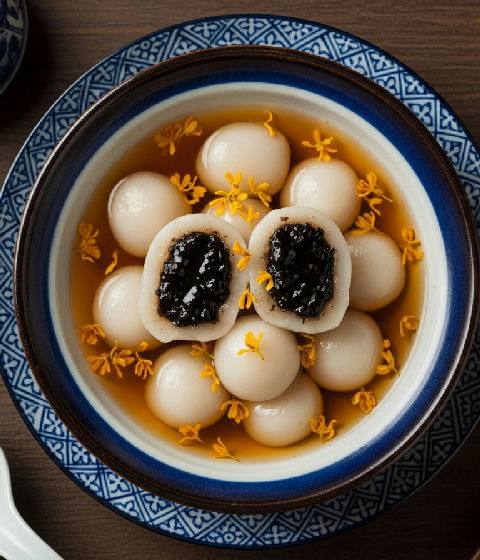 Black Sesame Glutinous Rice Dumplings in Osmanthus Ginger Syrup