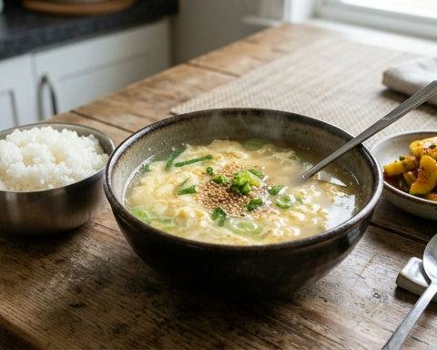 Korean Egg Drop Soup with Rice and Cucumber Kimchi