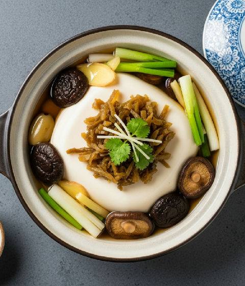 Steamed Silken Tofu with Preserved Olive Vegetables and Shiitake Mushrooms