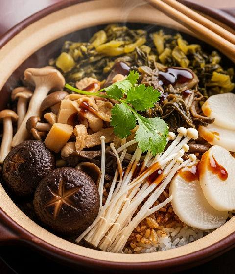 Claypot Rice with Assorted Mushrooms and Preserved Vegetables