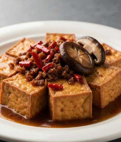 Braised Firm Tofu with Preserved Szechuan Vegetable and Shiitake Mushrooms