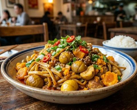 Salted Egg Yolk, Golden Needle Mushroom and Chestnut XO Sauce Stir-fry